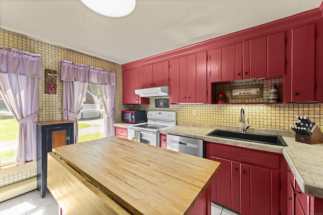 285 E St, Stafford, CT 06076 - kitchen featuring red cabinetry, under cabinet range hood, white electric range oven, and dishwasher