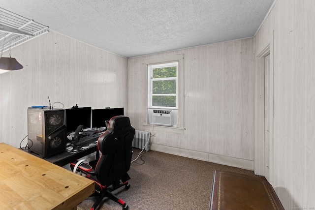 285 E St, Stafford, CT 06076 - office featuring radiator heating unit, cooling unit, a textured ceiling, carpet flooring, and wood walls