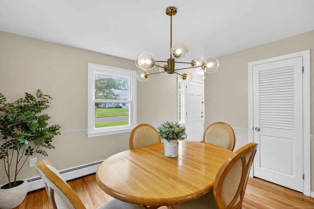29 Bradford Dr, Windsor, CT 06095 - dining room with a chandelier, a wainscoted wall, light wood-type flooring, and a baseboard heating unit
