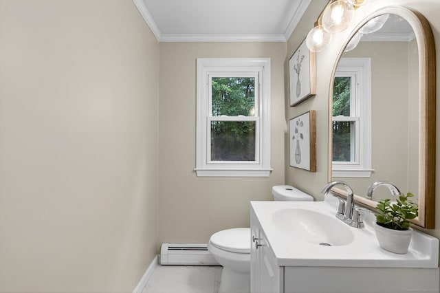 29 Bradford Dr, Windsor, CT 06095 - bathroom with baseboard heating, marble finish floors, vanity, and crown molding