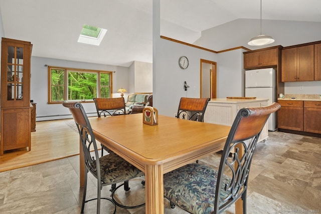 44 Brindlewood Path, Colchester, CT 06415 - dining room with lofted ceiling, a skylight, baseboard heating, and light stone finish floors