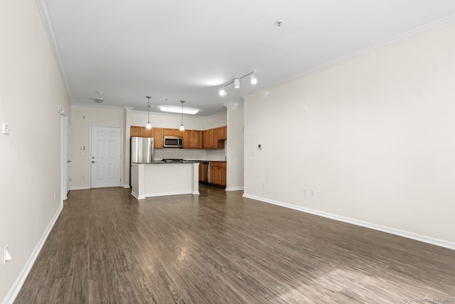 25 Adams Ave Unit 103, Stamford, CT 06902 - unfurnished living room featuring crown molding, dark wood-style flooring, and track lighting
