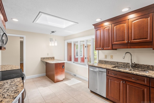 253 Simsbury Rd, West Hartford, CT 06117 - kitchen with appliances with stainless steel finishes, light stone counters, recessed lighting, hanging light fixtures, and a textured ceiling