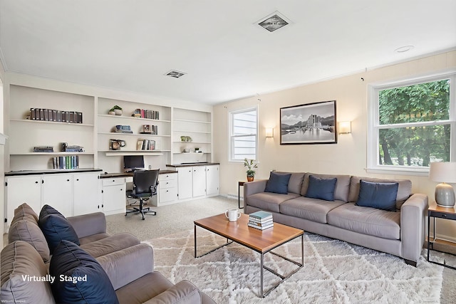 253 Simsbury Rd, West Hartford, CT 06117 - living room featuring carpet and built in desk