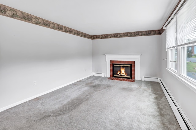66 Bridgeport Ave, Bristol, CT 06010 - unfurnished living room with a brick fireplace, carpet, a baseboard heating unit, and a baseboard radiator