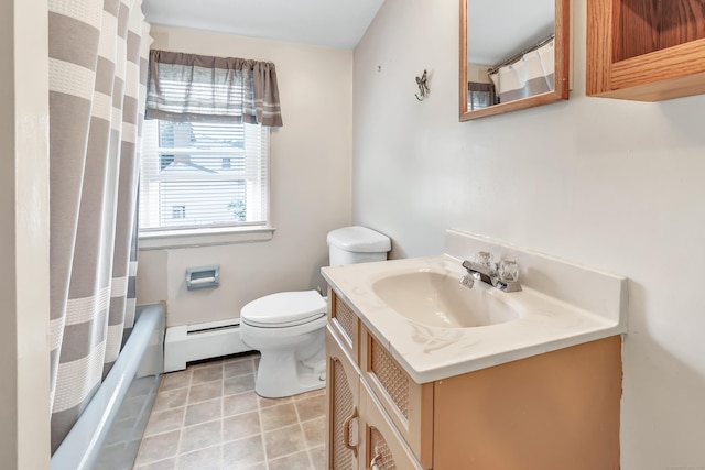 66 Bridgeport Ave, Bristol, CT 06010 - bathroom featuring baseboard heating, vanity, tile patterned floors, and shower / bathtub combination with curtain