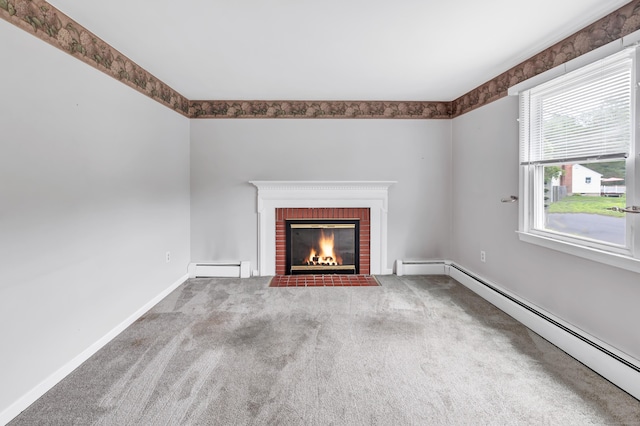 66 Bridgeport Ave, Bristol, CT 06010 - unfurnished living room featuring baseboard heating, carpet, and a brick fireplace