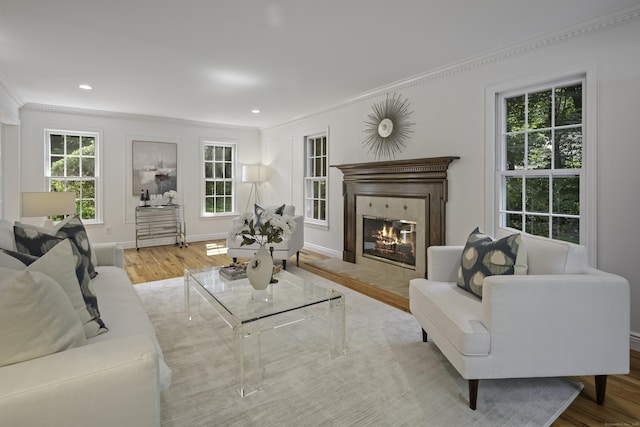 70 Fitch Ln, New Canaan, CT 06840 - living area with crown molding, plenty of natural light, wood finished floors, a tiled fireplace, and recessed lighting