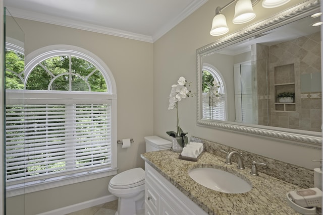 70 Fitch Ln, New Canaan, CT 06840 - full bathroom with healthy amount of natural light, vanity, tiled shower, ornamental molding, and tile patterned floors