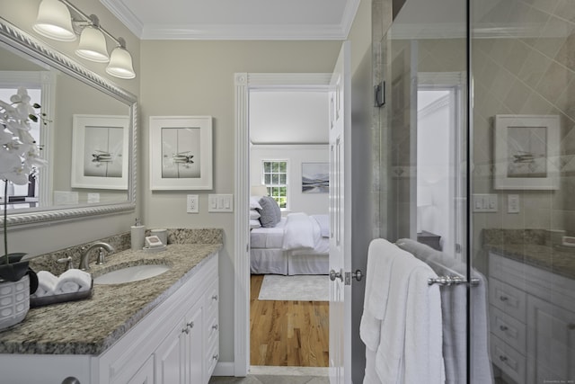 70 Fitch Ln, New Canaan, CT 06840 - ensuite bathroom with vanity, ornamental molding, and an enclosed shower