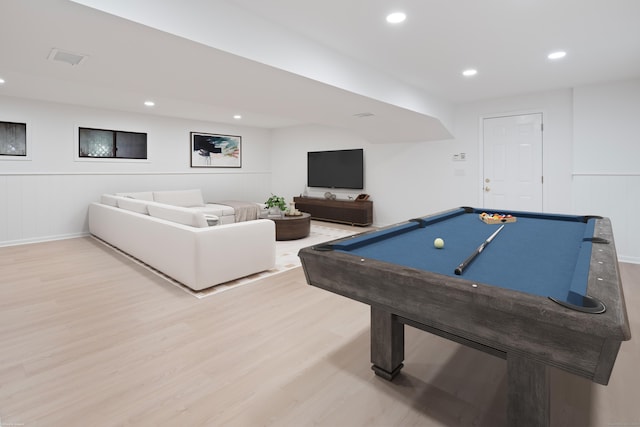 70 Fitch Ln, New Canaan, CT 06840 - rec room with light wood-type flooring, recessed lighting, a wainscoted wall, a decorative wall, and billiards table