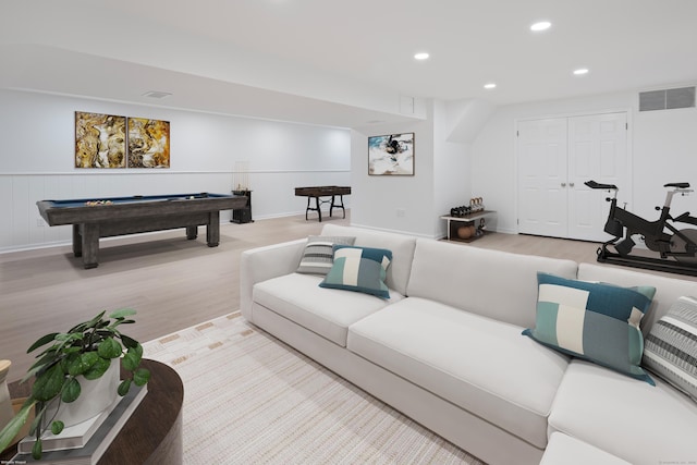 70 Fitch Ln, New Canaan, CT 06840 - living area with billiards, recessed lighting, wood finished floors, and a wainscoted wall