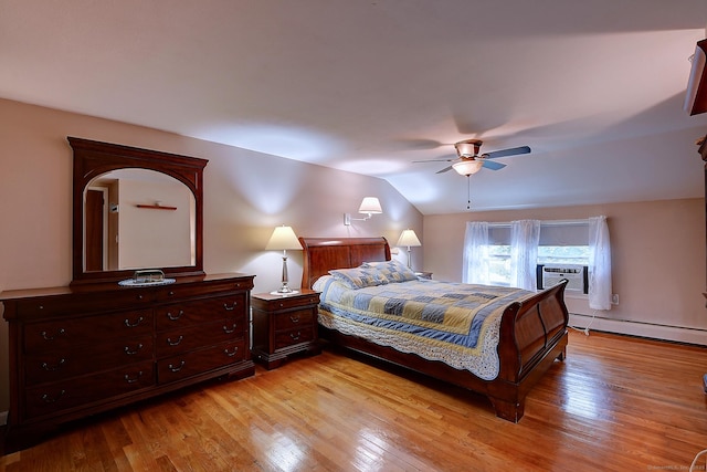 16 Kenwood Rd, Meriden, CT 06450 - bedroom featuring a baseboard heating unit, light wood-style flooring, vaulted ceiling, ceiling fan, and cooling unit