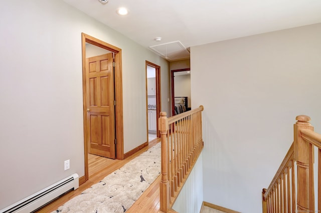 330 Webb Cir, Monroe, CT 06468 - hall with an upstairs landing, attic access, a baseboard radiator, light wood-type flooring, and recessed lighting