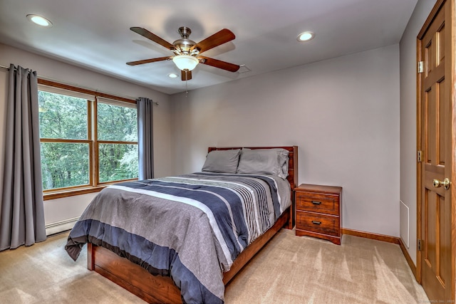 330 Webb Cir, Monroe, CT 06468 - bedroom with light carpet, recessed lighting, a baseboard radiator, and a ceiling fan