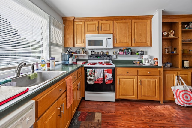 30 Brookside Dr, Southington, CT 06489 - kitchen featuring white appliances, brown cabinetry, and dark wood finished floors