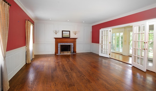 873 N Salem Rd, Ridgefield, CT 06877 - unfurnished living room featuring a decorative wall, french doors, crown molding, a fireplace, and wood finished floors