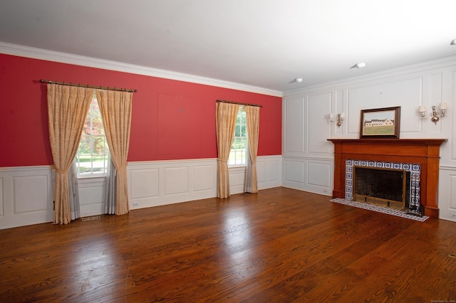 873 N Salem Rd, Ridgefield, CT 06877 - unfurnished living room featuring a decorative wall, crown molding, wood finished floors, a fireplace, and a wainscoted wall
