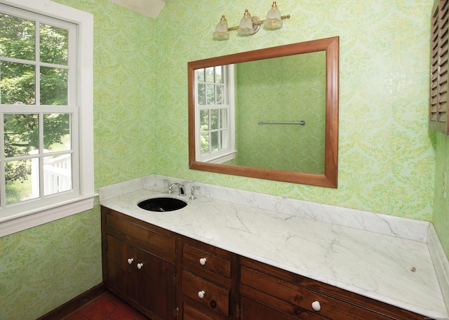 873 N Salem Rd, Ridgefield, CT 06877 - bathroom with healthy amount of natural light, vanity, and wallpapered walls