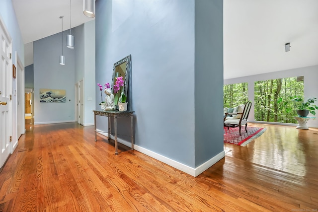 22 Blackberry Dr E, Stamford, CT 06903 - hallway featuring high vaulted ceiling and wood finished floors
