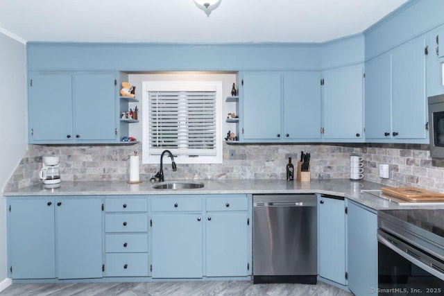 19 Garfield Rd, Bristol, CT 06010 - kitchen featuring stainless steel appliances, open shelves, backsplash, and ornamental molding