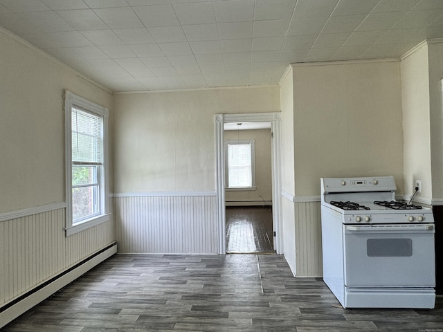 240 Washington St, New Britain, CT 06051 - kitchen featuring white range with gas cooktop, a baseboard radiator, plenty of natural light, baseboard heating, and wainscoting