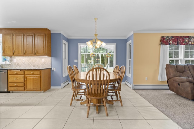 28 Fieldstone Path, Newington, CT 06111 - dining area featuring baseboard heating, a chandelier, a baseboard heating unit, plenty of natural light, and ornamental molding