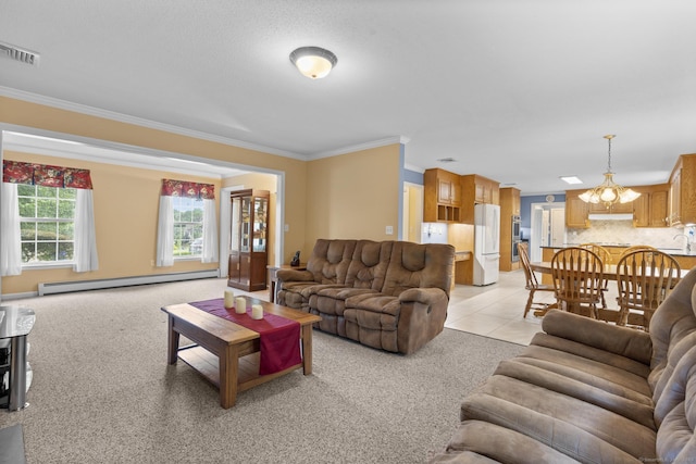 28 Fieldstone Path, Newington, CT 06111 - living room with a baseboard radiator, light colored carpet, crown molding, a chandelier, and light tile patterned floors