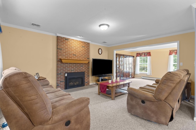 28 Fieldstone Path, Newington, CT 06111 - carpeted living room with a baseboard radiator, ornamental molding, and a brick fireplace