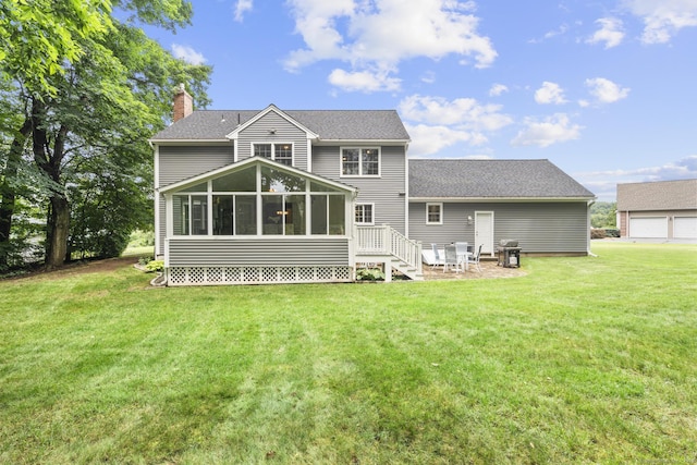 28 Fieldstone Path, Newington, CT 06111 - rear view of property featuring a yard, a chimney, a sunroom, and roof with shingles
