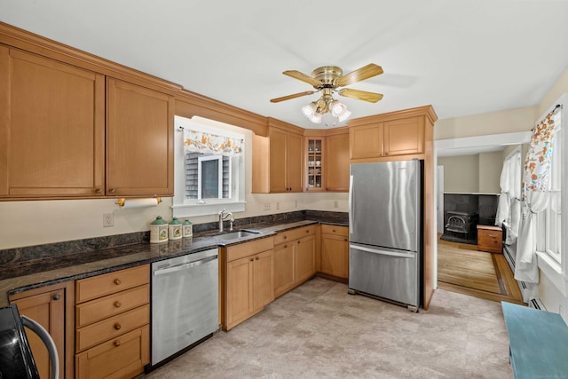 18 Cards Mill Rd, Columbia, CT 06237 - kitchen with appliances with stainless steel finishes, a ceiling fan, glass insert cabinets, and plenty of natural light
