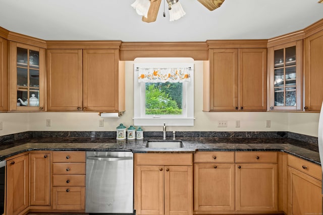 18 Cards Mill Rd, Columbia, CT 06237 - kitchen with dishwasher, dark stone countertops, ceiling fan, and glass insert cabinets