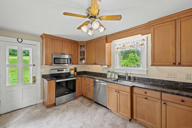 18 Cards Mill Rd, Columbia, CT 06237 - kitchen with stainless steel appliances, healthy amount of natural light, glass insert cabinets, and ceiling fan