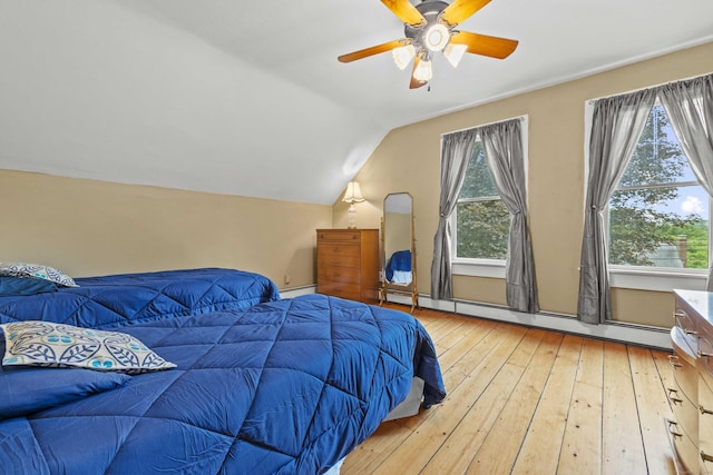 18 Cards Mill Rd, Columbia, CT 06237 - bedroom with a baseboard radiator, a baseboard heating unit, hardwood / wood-style floors, lofted ceiling, and a ceiling fan
