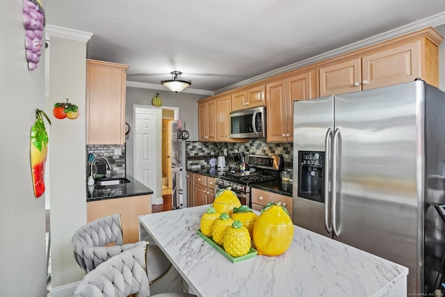 2370 N Ave Unit 5E, Bridgeport, CT 06604 - kitchen featuring stainless steel appliances, decorative backsplash, dark stone counters, and crown molding