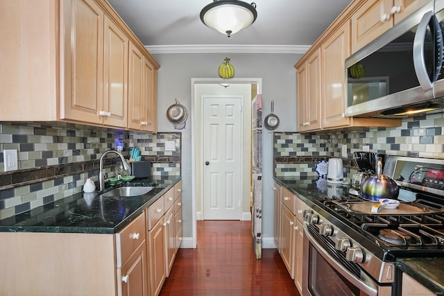 2370 N Ave Unit 5E, Bridgeport, CT 06604 - kitchen featuring appliances with stainless steel finishes, light brown cabinetry, backsplash, crown molding, and dark wood-type flooring
