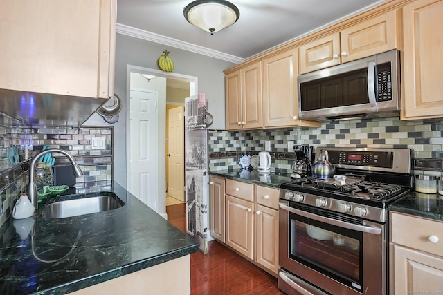 2370 N Ave Unit 5E, Bridgeport, CT 06604 - kitchen with stainless steel appliances, crown molding, dark wood-style flooring, decorative backsplash, and light brown cabinetry