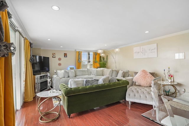 2370 N Ave Unit 5E, Bridgeport, CT 06604 - living room with ornamental molding, wood finished floors, and recessed lighting