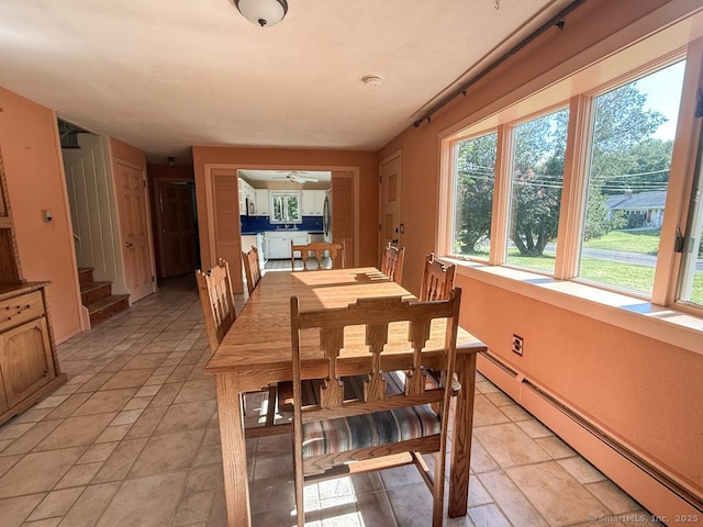 9 Meadow Brook Rd, Brookfield, CT 06804 - dining room with a baseboard radiator, stairway, and ceiling fan