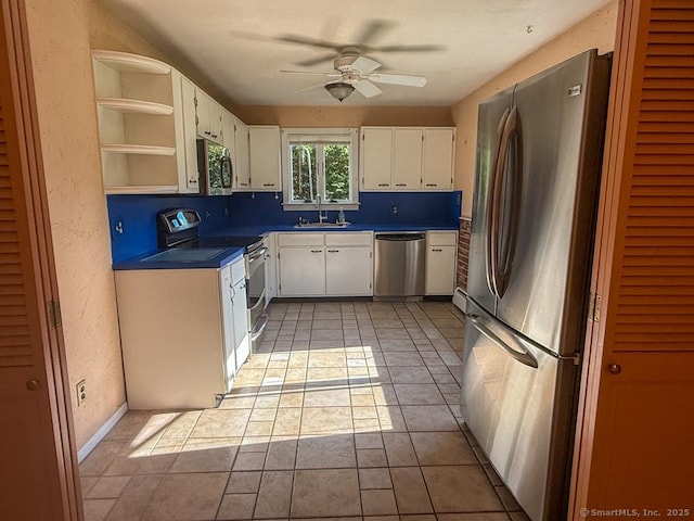 9 Meadow Brook Rd, Brookfield, CT 06804 - kitchen with appliances with stainless steel finishes, dark countertops, white cabinetry, ceiling fan, and open shelves