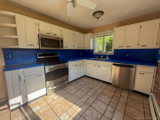 9 Meadow Brook Rd, Brookfield, CT 06804 - kitchen with stainless steel appliances, ceiling fan, white cabinets, open shelves, and light tile patterned floors