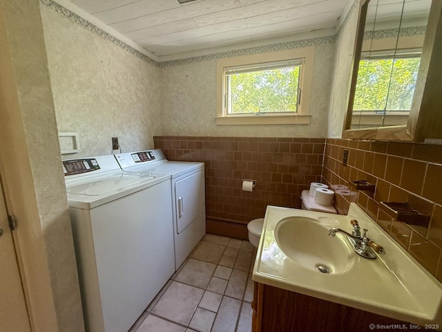 9 Meadow Brook Rd, Brookfield, CT 06804 - bathroom featuring separate washer and dryer, vanity, tile patterned flooring, tile walls, and wooden ceiling
