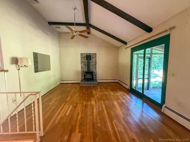9 Meadow Brook Rd, Brookfield, CT 06804 - unfurnished living room with baseboard heating, beam ceiling, wood finished floors, a ceiling fan, and a wood stove