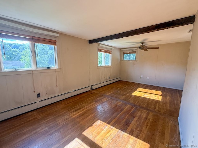 9 Meadow Brook Rd, Brookfield, CT 06804 - spare room featuring a baseboard radiator, hardwood / wood-style flooring, a ceiling fan, and beamed ceiling