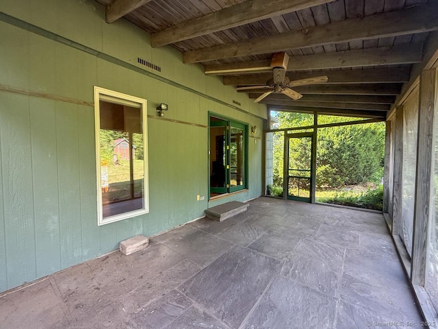 9 Meadow Brook Rd, Brookfield, CT 06804 - unfurnished sunroom featuring a ceiling fan, beamed ceiling, and healthy amount of natural light
