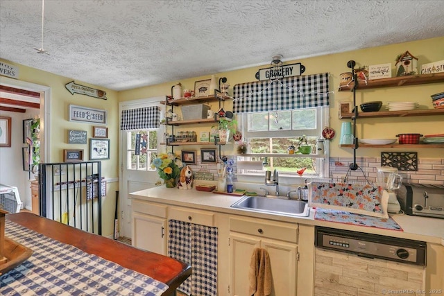 25 Ridgewood Rd, Willington, CT 06279 - kitchen featuring dishwasher, open shelves, light countertops, a textured ceiling, and backsplash