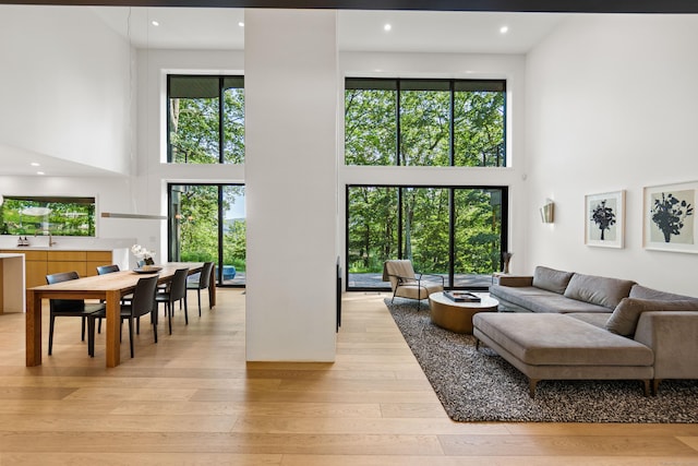 9 Overlook Dr, Salisbury, CT 06039 - living area with a towering ceiling, light wood-style floors, healthy amount of natural light, and recessed lighting