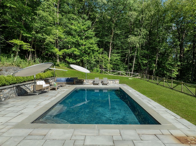 9 Overlook Dr, Salisbury, CT 06039 - swimming pool featuring a patio, an outdoor living space, and a forest view
