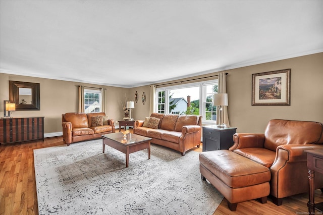 266 Ballfall Rd, Middletown, CT 06457 - living room featuring ornamental molding, wood finished floors, healthy amount of natural light, and baseboard heating