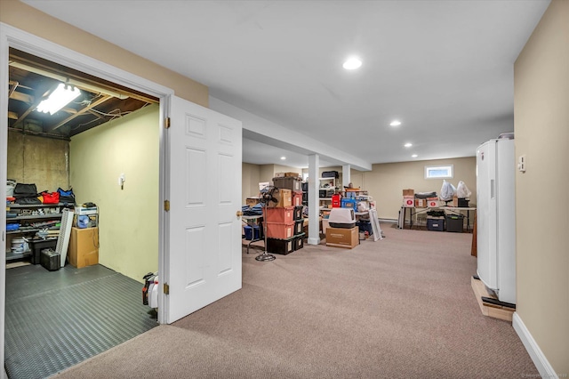 266 Ballfall Rd, Middletown, CT 06457 - below grade area featuring carpet floors, recessed lighting, and freestanding refrigerator
